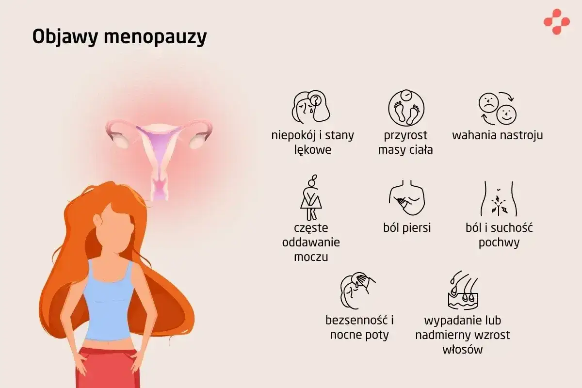 Pierwsze objawy menopauzy po 40 roku życia: niepok&oacute;j, wahania nastroju, przyrost masy ciała, b&oacute;l piersi, suchość pochwy, bezsenność, nocne poty, wypadanie włos&oacute;w.