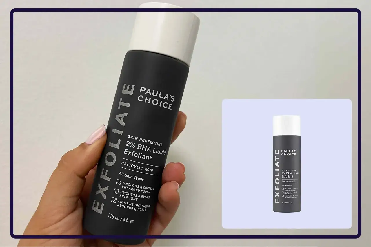 Dłoń trzyma butelkę Paula's Choice Skin Perfecting 2% BHA Liquid Exfoliant. Obietnica: 3 dni i wszystkie otwarte pory znikną.