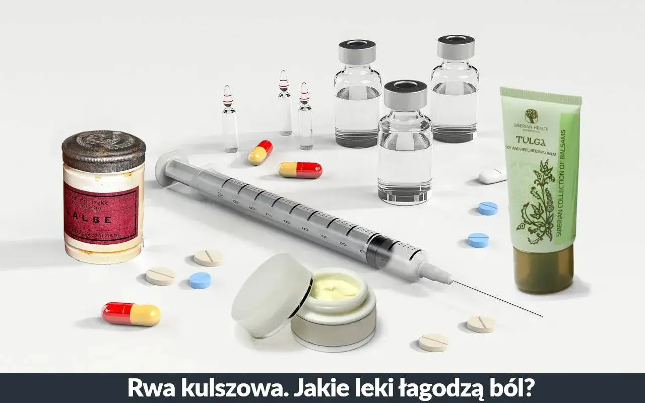 Strzykawka, ampułki, tabletki i maść - zestaw lek&oacute;w na rwę kulszową.