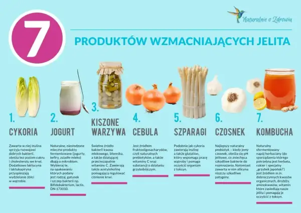 Przykładowy jadłospis przy biegunce: cykoria, jogurt, kiszone warzywa, cebula, szparagi, czosnek, kombucha – produkty wzmacniające jelita.